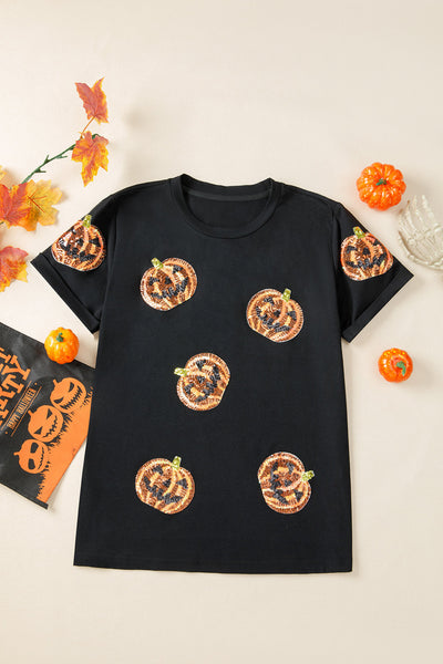 Women's Black Sequin Pumpkin Face Halloween T-Shirt - Fun, Festive, and Comfortable Casual Fit for Spooky Season