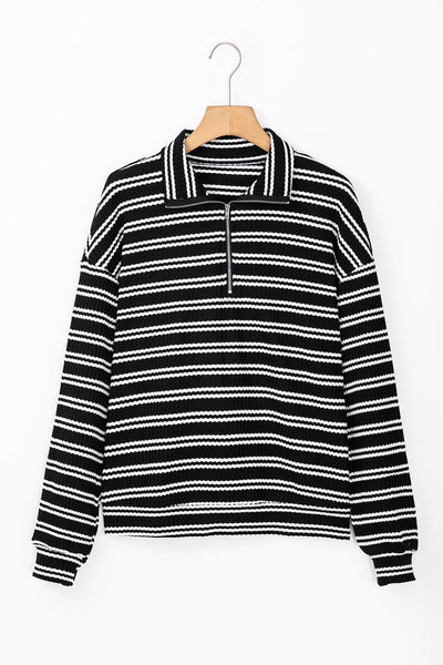 Women's Textured Black Striped Quarter Zip Long Sleeve Top - Stylish Fit for Casual Outings and Everyday Wear