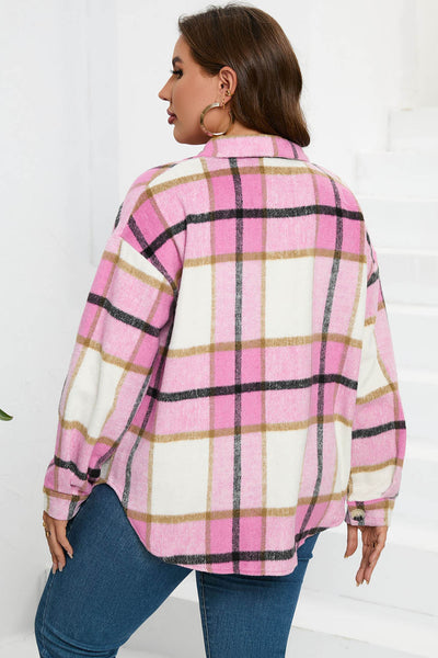 Chic Women's Pink Plaid Jacket - Cozy Casual Outerwear for Trendy Fall and Winter Looks