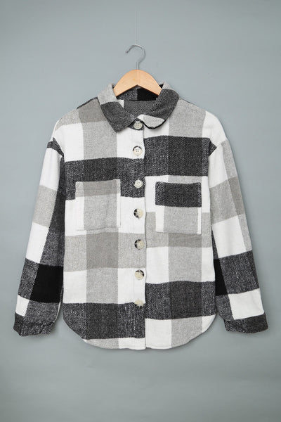 Stylish Women's Gray Plaid Color Block Long Sleeve Jacket with Pockets - Versatile Outerwear for Every Occasion