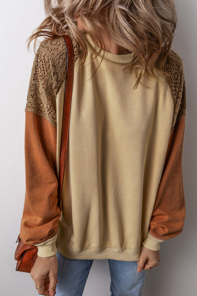 Trendy Women's Khaki Colorblock Sweatshirt with Lace Patchwork Drop Shoulder Style for Ultimate Comfort and Fashion