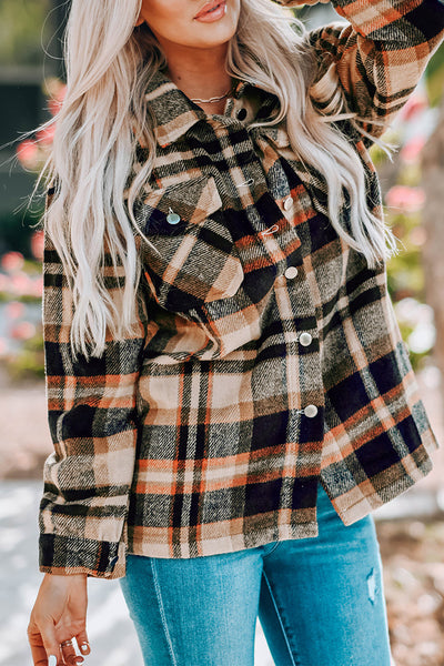 Trendy Women's Orange Geometric Plaid Shacket with Pockets - Perfect Layering Jacket for Casual Chic Looks