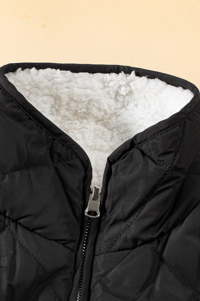 Cozy Women's Black Quilted Zip-Up Vest Coat with Fleece Lining for Stylish Winter Layering