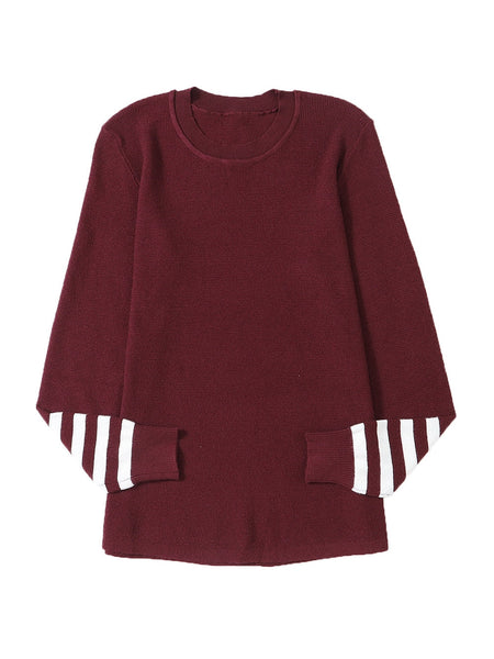 Crimson Ribbed Sleeve Soft Knit Pullover