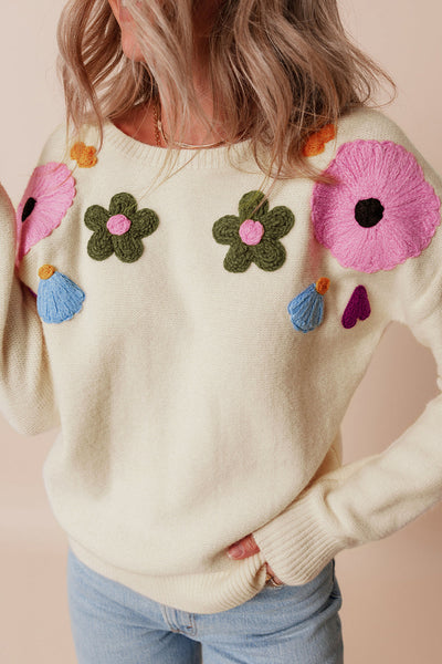 Cozy Women's Beige Knitted Floral Sweater with Ribbed Edges for Chic Autumn Style and Comfortable Fit