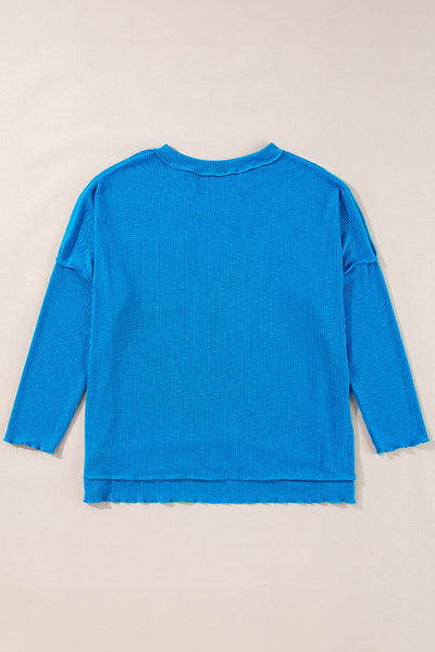 Women's Stylish Blue Ribbed Long Sleeve V-Neck Knit Top with Exposed Seams - Comfortable Everyday Essential