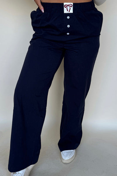 Stylish Women's Black Bow Tie Loose-Fit Pants with Elastic Waist and Button Accents for Ultimate Comfort and Versatility