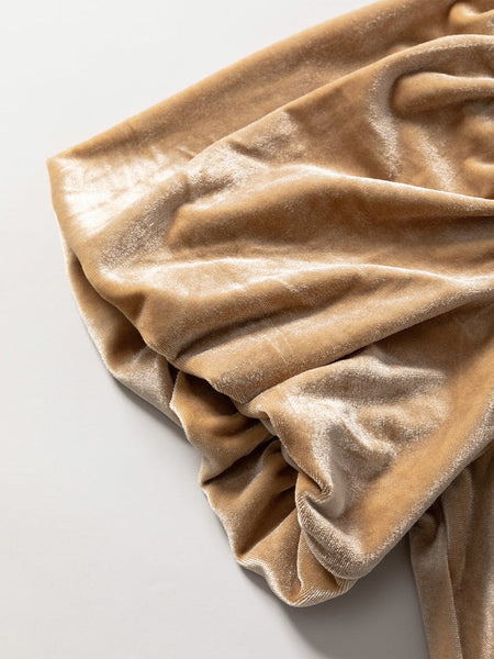 Romantic French Beige Ruffled Puff Sleeve Mock Neck Velvet Blouse