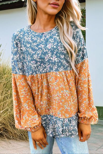 Trendy Women's Orange Floral Color Block Blouse with Ruffled Hem - Stylish Round Neck Top for Any Occasion