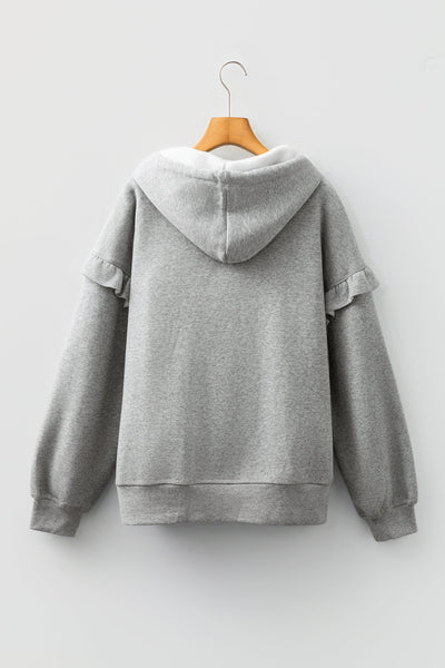 Women's Heather Gray Ruffle Shoulder Hoodie Sweatshirt