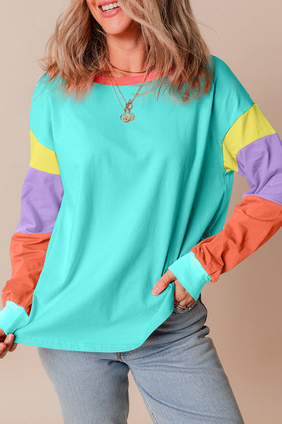 Casual Women's Light Blue Colorblock Long Sleeve Top - Comfortable Loose Fit Patchwork Design for Everyday Style
