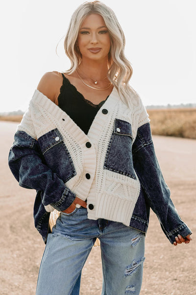 Cozy Oversized Beige Women's Chunky Knit Cardigan with Denim Patchwork for Chic Fall Fashion