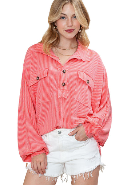 Pink French Terry Oversized Henley Blouse