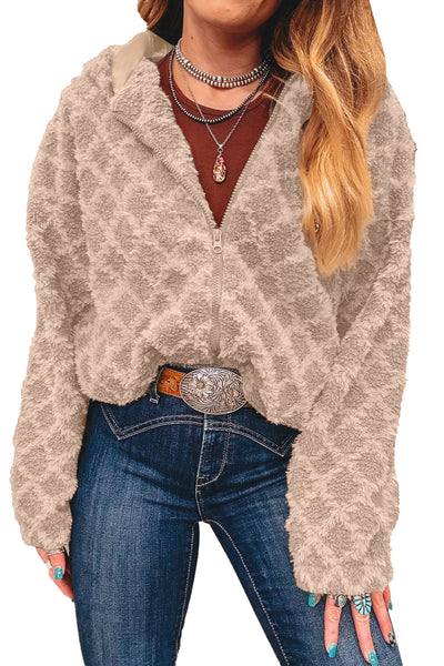Cozy Women's Beige Sherpa Hooded Jacket with Zip-Up, Side Pockets, and Trendy Rhombus Pattern for Casual Everyday Style