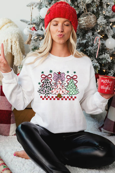 Women's White Bow Christmas Tree Graphic Sweatshirt