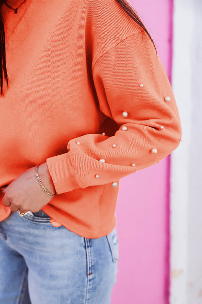 Women‚Äôs Blossom Pullover Sweatshirt with Pearled Sleeves, Drop Shoulder, and Round Neck Casual Chic in Soft Pink