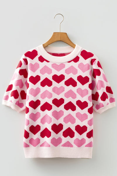 Women's Pink Two-Tone Heart Print Women's Crew Neck Sweater - Cute Casual Short Sleeve Top for Valentine's Day Style