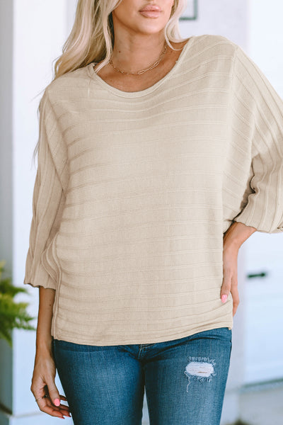 Cozy Women's Apricot Ribbed Knit Dolman Sweater with Exposed Seams - Stylish Everyday Essential for Effortless Chic
