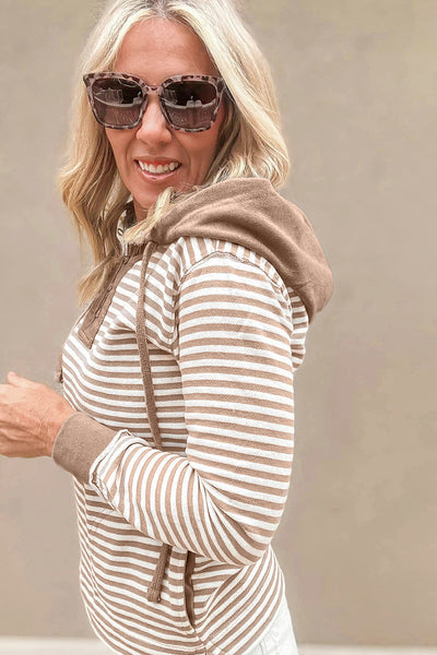Women's Khaki Striped Hoodie Sweatshirt with Contrast Patchwork, Button Details, and Pocket for Casual Comfort