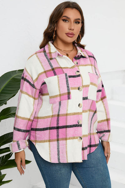 Chic Women's Pink Plaid Jacket - Cozy Casual Outerwear for Trendy Fall and Winter Looks