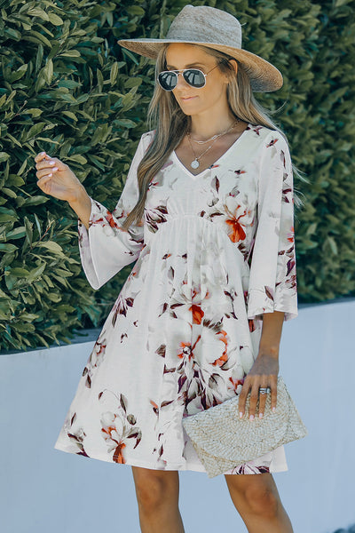 Printed Lace Up Lapel Waist Short Sleeved Midi Dress