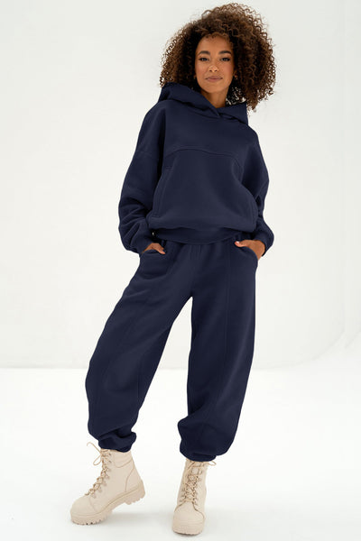 Women's Navy Cotton-Blend Hoodie and Sculpted Jogger Set with practical styling and dependable silhouette control.