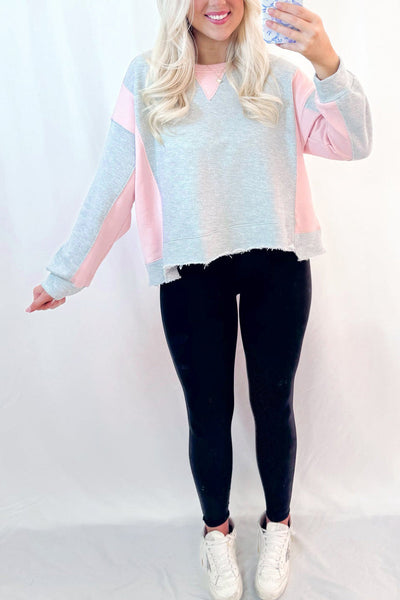 Women's Casual Light Grey Colorblock Sweatshirt with Raw Edge - Comfy and Stylish Top for Everyday Outfits