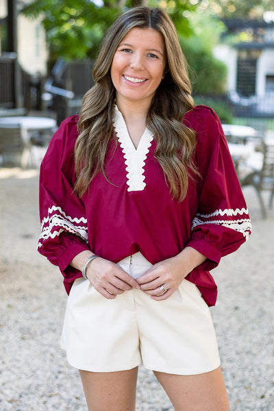 Elegant Women's Red Puff Sleeve Blouse with V-Neck and Ricrac Trim Chic Contrast Top for Effortless Style