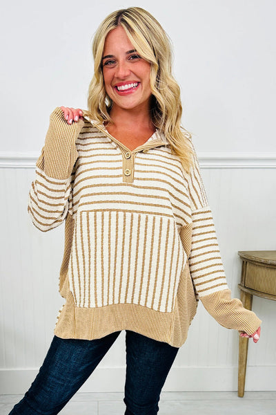 Trendy Women's Yellow Striped Hooded V-Neck Top with Textured Fabric & Contrast Ribbed Details for Casual Outfits