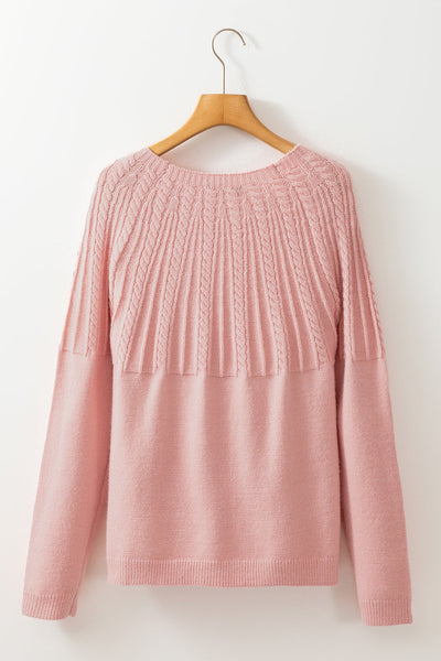 Women's Light Pink Cable-Yoke Cardigan with Wooden Buttons