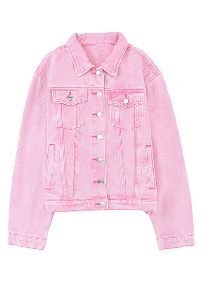 Women's Pink Acid Wash Button Flap Pocket Denim Jacket
