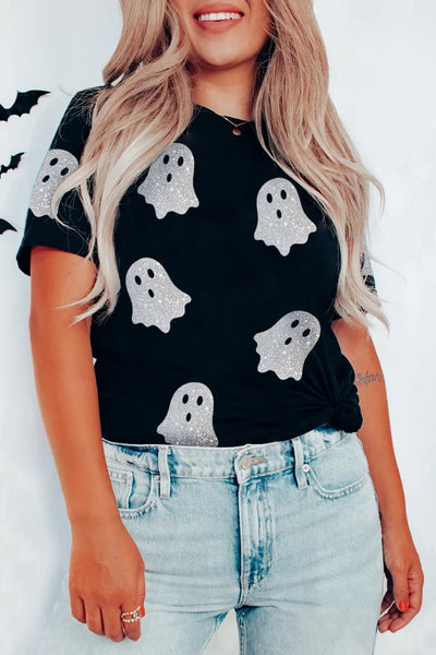Women's Black Glitter Ghost Pattern Crew Neck Halloween T-Shirt - Fun & Festive Casual Wear for Spooky Season