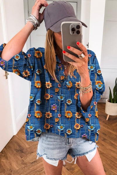 Women's Relaxed Fit Blue Floral Print Blouse - Stylish Short Sleeve Summer Top for Casual Outings and Everyday Wear