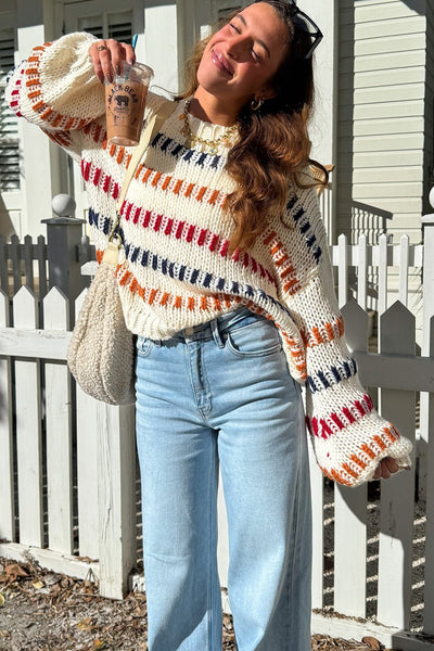 Cozy Women's Beige Striped Puff Sleeve Sweater Playful Drop Shoulder Knit for Stylish Casual Wear