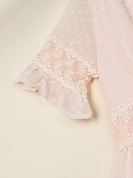 Women's V-Neck Ruffle Sleeve Swiss Dot Midi Dress
