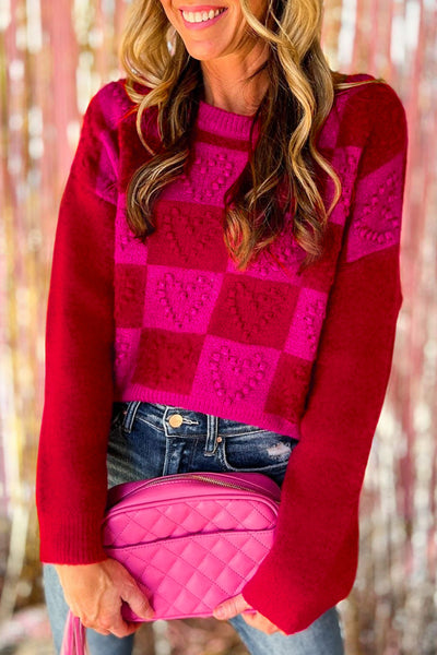 Chic Women's Multicolor Checkered Sweater with Heart Detail - Cozy Knit for Casual Style and Comfort