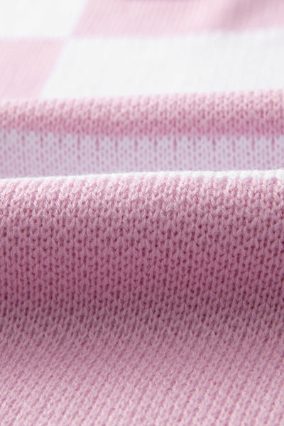 Chic Women's Pink Checkered Bishop Sleeve Sweater - Cozy Knit Pullover for Effortless Casual Style