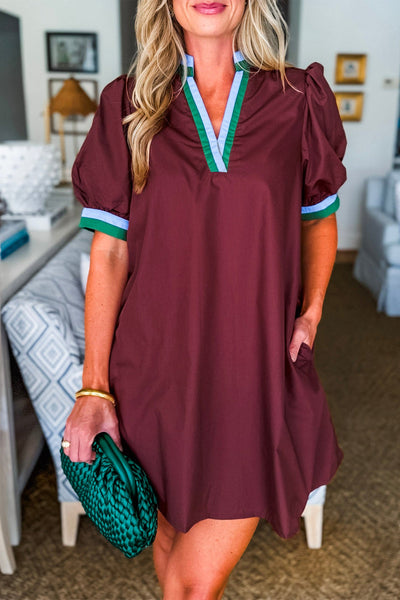 Burgundy Striped Mini Dress for Women - Stylish Puff Sleeves & Notched V-Neck, Ideal for Casual or Dressy Events
