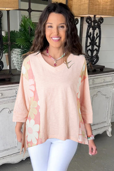 Trendy Women's Oversized Pink Flower Patchwork High-Low Top with Exposed Seams for Boho Chic Style