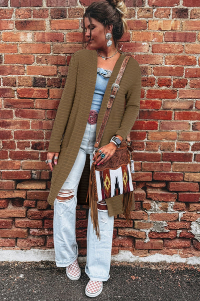Chic Women's Camel Striped Knit Duster Cardigan with Double Pockets - Effortless Open Front Layer for Stylish Comfort