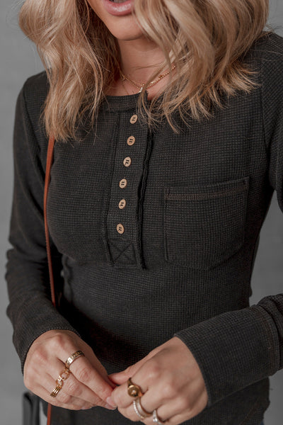 Women's Casual Black Mineral Wash Long Sleeve Henley Top with Waffle Knit and Pocket Perfect for Everyday Wear