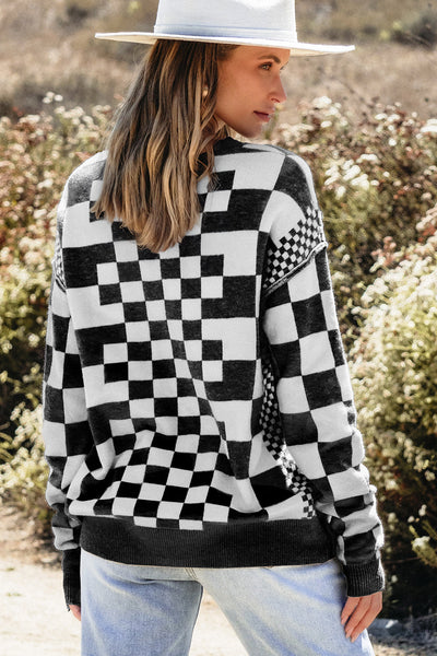Cozy Women's Black Checkered Drop Shoulder Sweater with Round Neck Chic Knit for Effortless Everyday Style