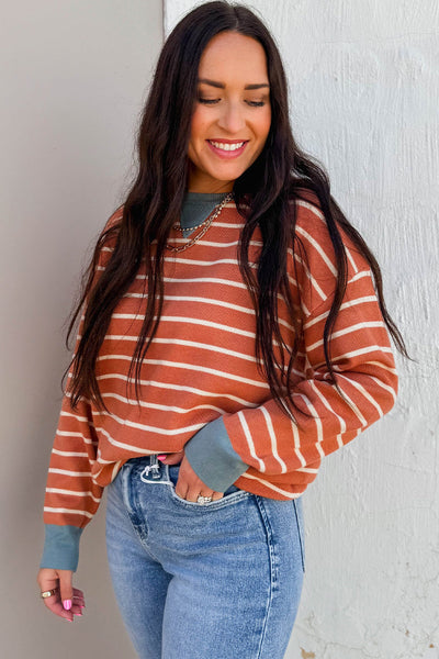 Trendy Women's Orange Striped Ribbed Drop Shoulder Sweater with Color Block Design for a Cozy Fall Outfit
