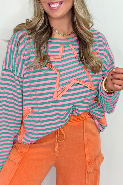 Women's Casual Green Stripe Knit Top with Starry Patch, Drop Shoulder Design, and Trendy Raw Edge Detail