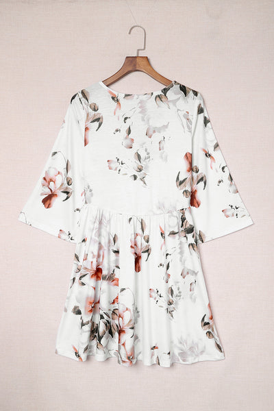 Printed Lace Up Lapel Waist Short Sleeved Midi Dress