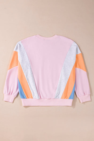 Cozy Light Pink Color Block Batwing Sleeve Sweatshirt for Women - Loose Fit Casual Style Perfect for Everyday Wear