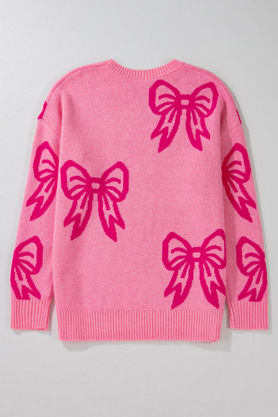 Women's Cozy Pink Bow Patterned Drop Shoulder Sweater - Relaxed Fit for Casual Comfort and Everyday Style