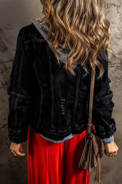 Stylish Women's Black Faux Two-Piece Hooded Denim Jacket - Versatile Zip-Up Outerwear for Casual Chic Outfits