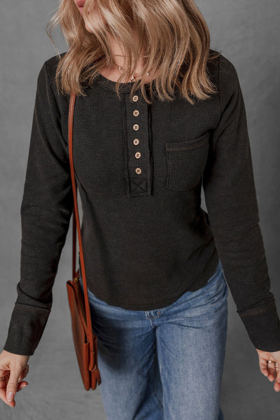 Women's Casual Black Mineral Wash Long Sleeve Henley Top with Waffle Knit and Pocket Perfect for Everyday Wear