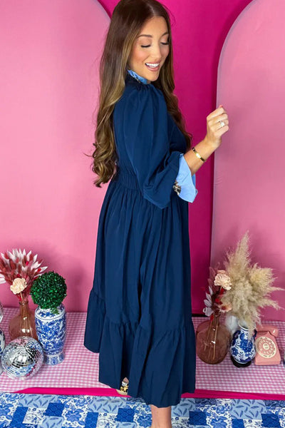 Elegant Women's Navy Blue Flowy Midi Dress with Ruffled 3/4 Sleeves and Stylish Contrast Frill for Casual Chic Look